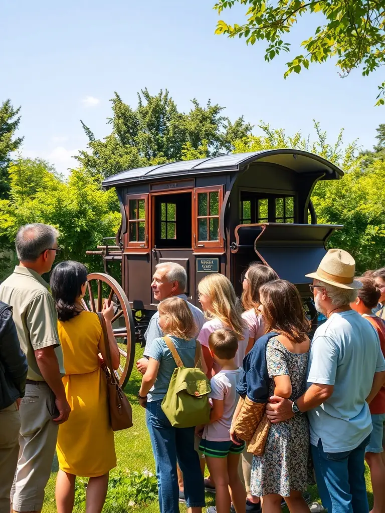 A photograph of a guided tour group listening attentively to a museum guide in front of a historical postal carriage exhibit at the Musée Postal d'Auvergne.