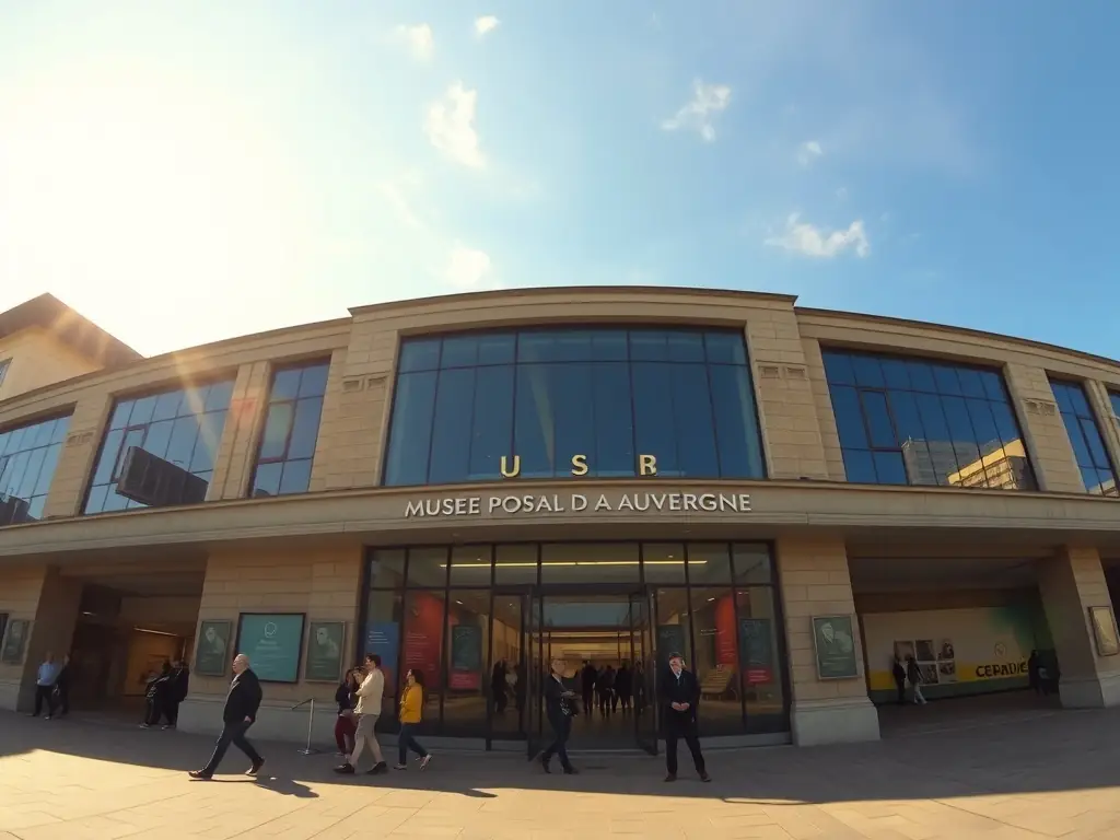A panoramic view of the MUSEE POSTAL D AUVERGNE, highlighting its architectural beauty and inviting atmosphere, with visitors entering and exploring the museum.