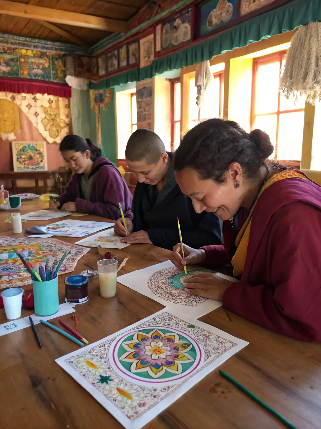 A photograph of participants in a calligraphy class at the Musée Postal d'Auvergne, practicing traditional writing techniques with quills and ink.